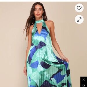 Lulus Prime Poise Green and Blue Abstract Satin Halter Maxi Dress